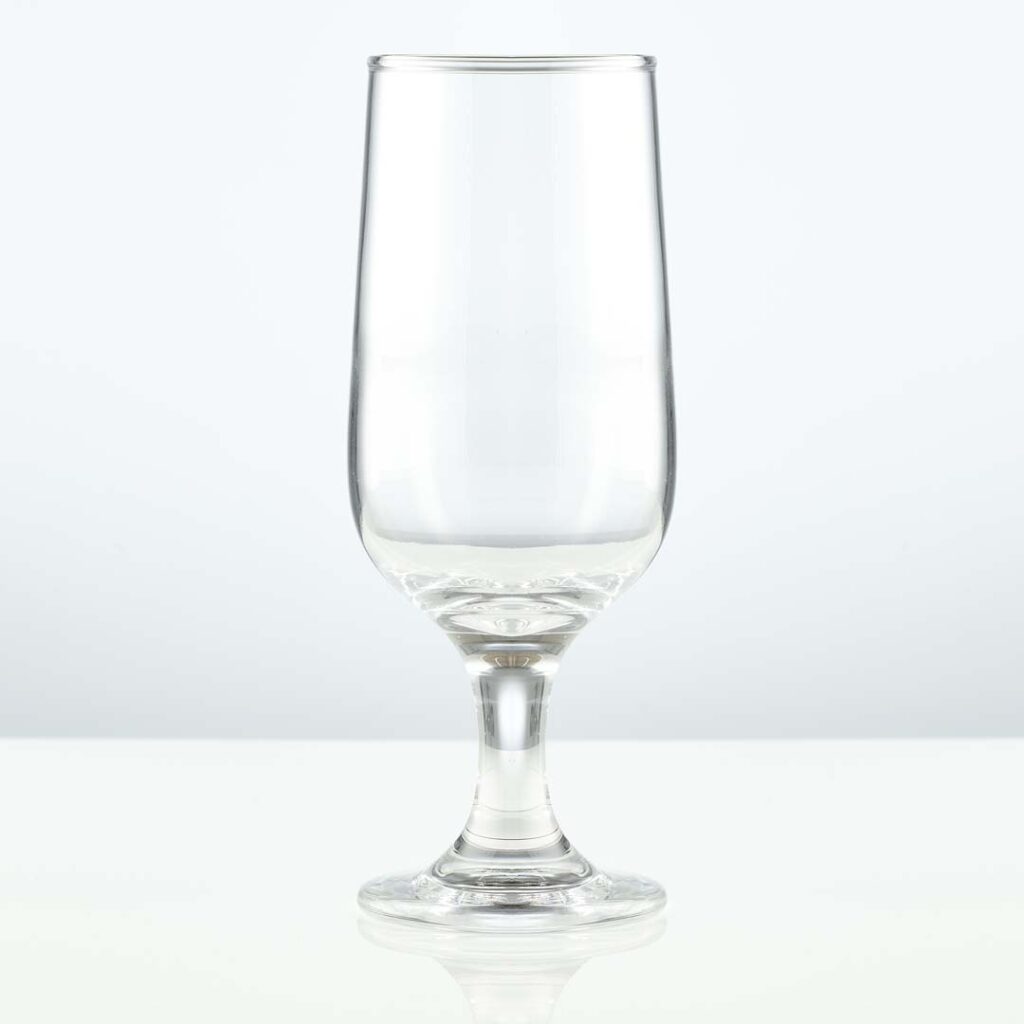 beautiful footer beer stange that holds 8.75oz of beverage, shown on a white background.