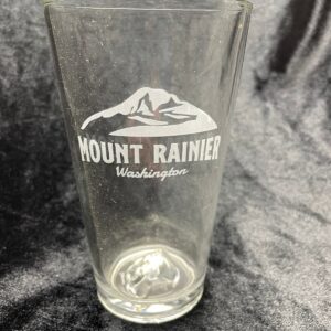 etched mountain pint glass of Mount Rainier.