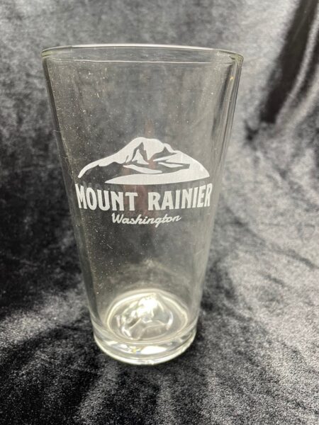 etched mountain pint glass of Mount Rainier.