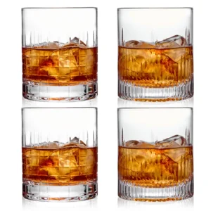 set of 4 fluted and classic hand cut whiskey glasses for double old fashioned size bourbon beverages.