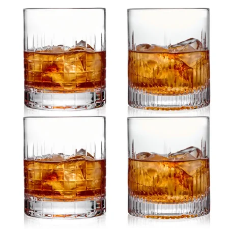 set of 4 fluted and classic hand cut whiskey glasses for double old fashioned size bourbon beverages.