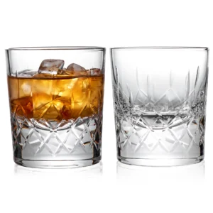 set of 2 hand cut crystal old fashioned whiskey glasses that are perfect for bourbon too.