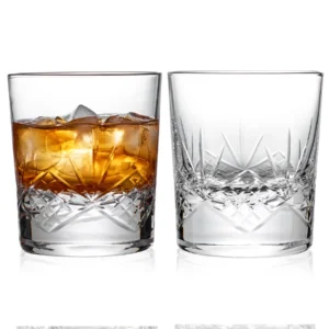 old fashioned whiskey glass with a hand cut floral pattern, perfect for bourbon