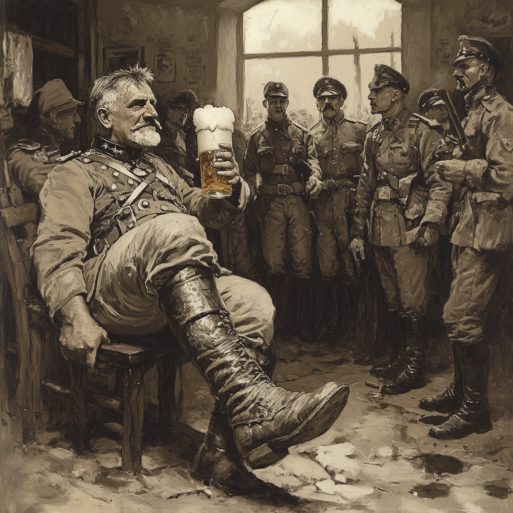 20th century Prussian general holding a beer in his hand with his boot outstretched making a promise to his troops that he would drink from his boot if they won their upcoming battle.