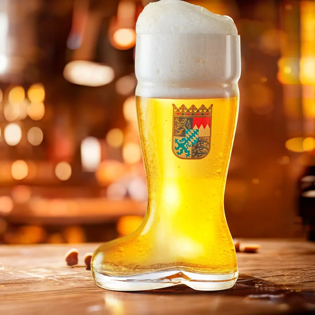 Das Boot Bavarian beer boot glass on a bar full of beer with a white laced head.