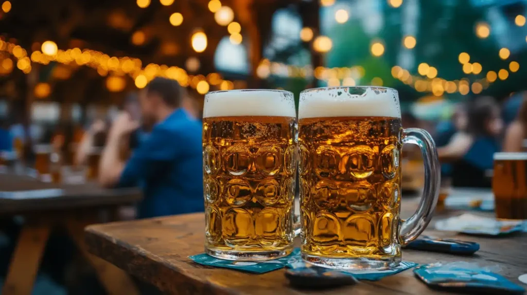 pair of masskrugs full of beer on a table at Oktoberfest.