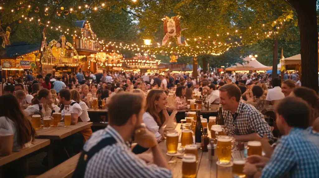 people enjoying oktoberfest outdoors in the main event area outside of the beer tents.