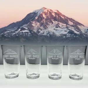 pacific north west mountain pint set. set of 4 16oz pint glasses of the mountains of Washington St.