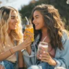 two women enjoying a beverage with 16oz soda can style glasses with wooden tops and straws.