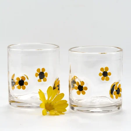 handblown daisy double old fashioned glasses