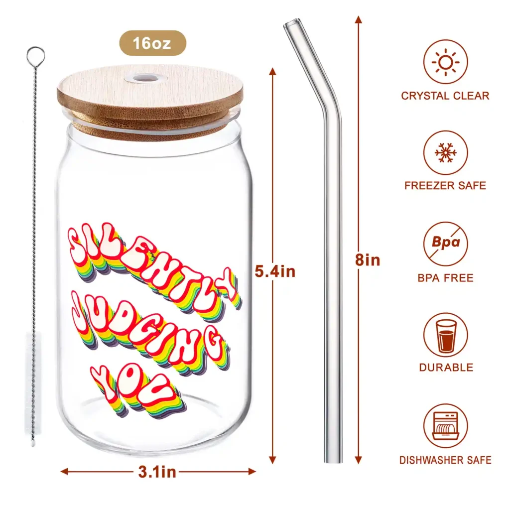 specification so the 16oz can style glass with bamboo lid and reusable straw.